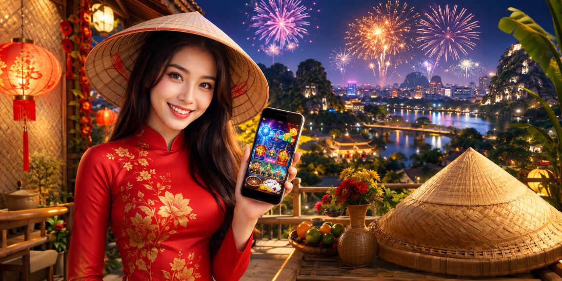 Người chơi tại Ninh Bình trải nghiệm mobile casino bên ruộng lúa với nón lá truyền thống